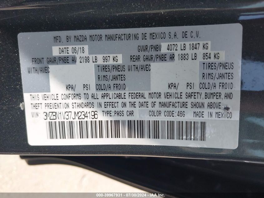 2018 Mazda Mazda3 Touring VIN: 3MZBN1V37JM234196 Lot: 39967931