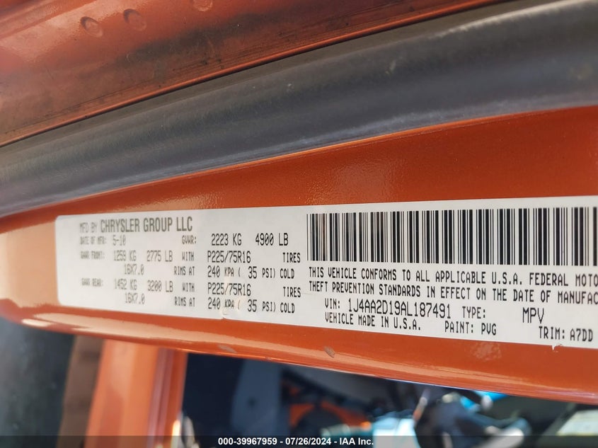 2010 Jeep Wrangler Sport VIN: 1J4AA2D19AL187491 Lot: 39967959