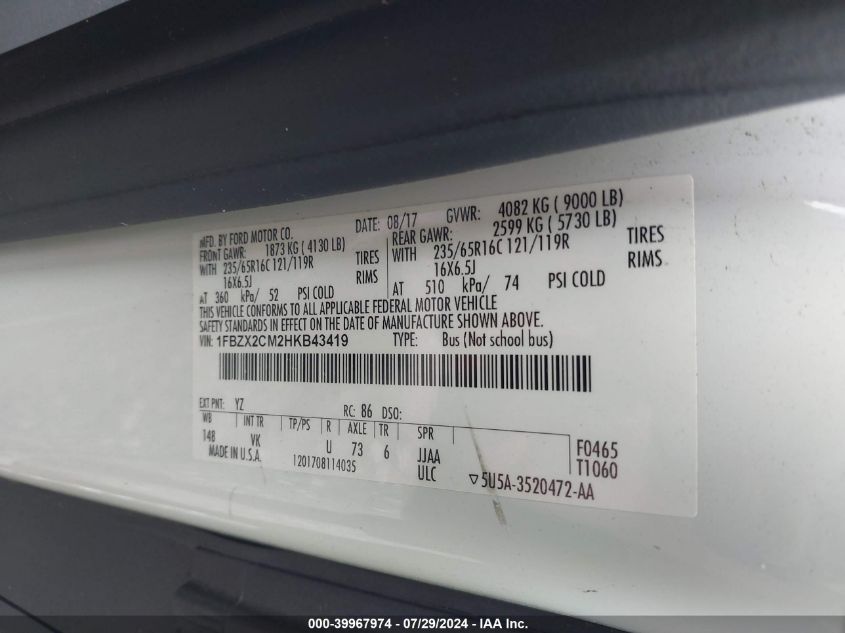 2017 Ford Transit-350 Xl VIN: 1FBZX2CM2HKB43419 Lot: 39967974
