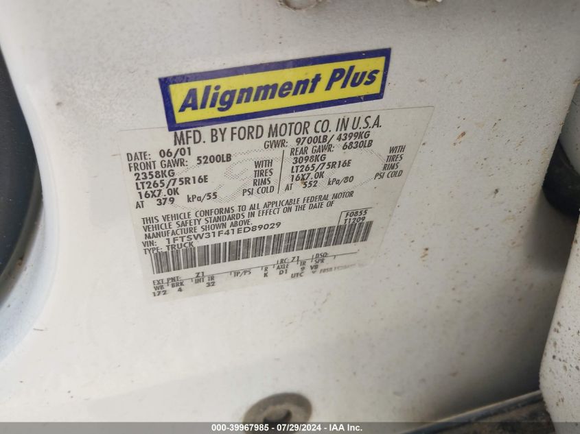 2001 Ford F350 Srw Super Duty VIN: 1FTSW31F41ED89029 Lot: 39967985