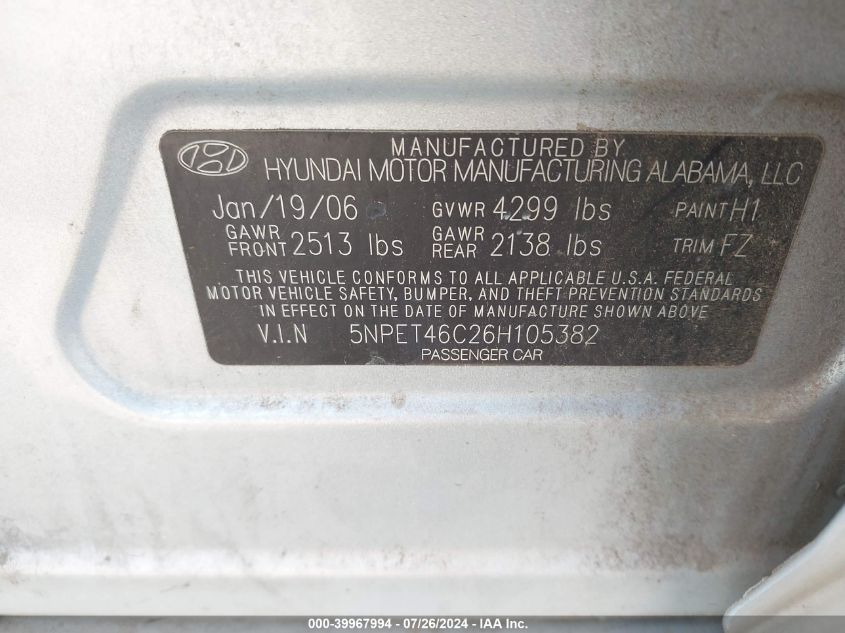 5NPET46C26H105382 2006 Hyundai Sonata Gl