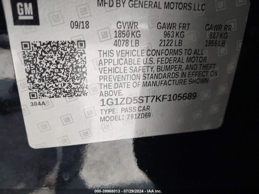 2019 CHEVROLET MALIBU LT - 1G1ZD5ST7KF105689