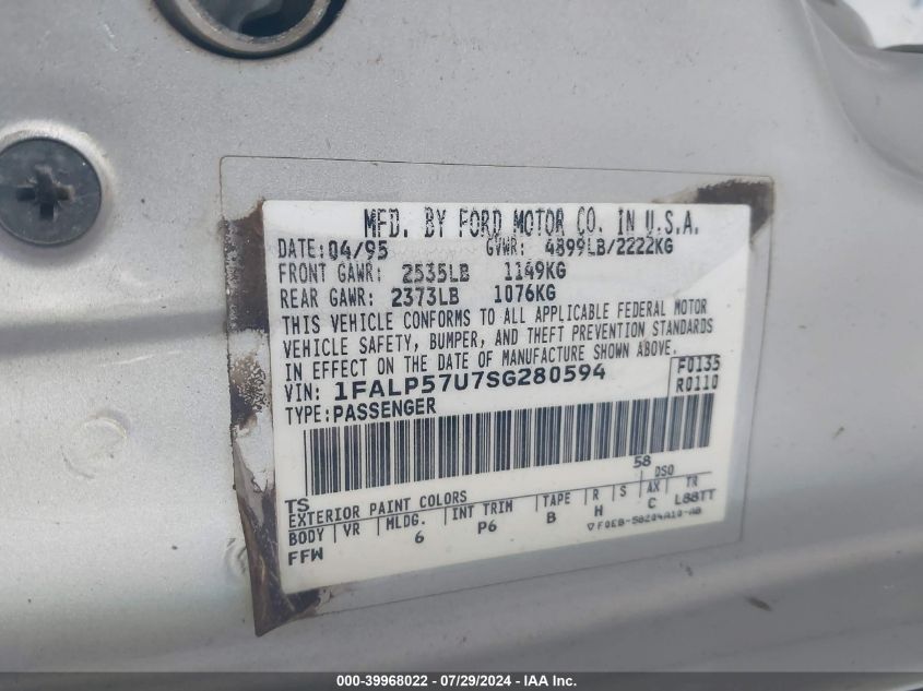 1995 Ford Taurus Gl VIN: 1FALP57U7SG280594 Lot: 39968022