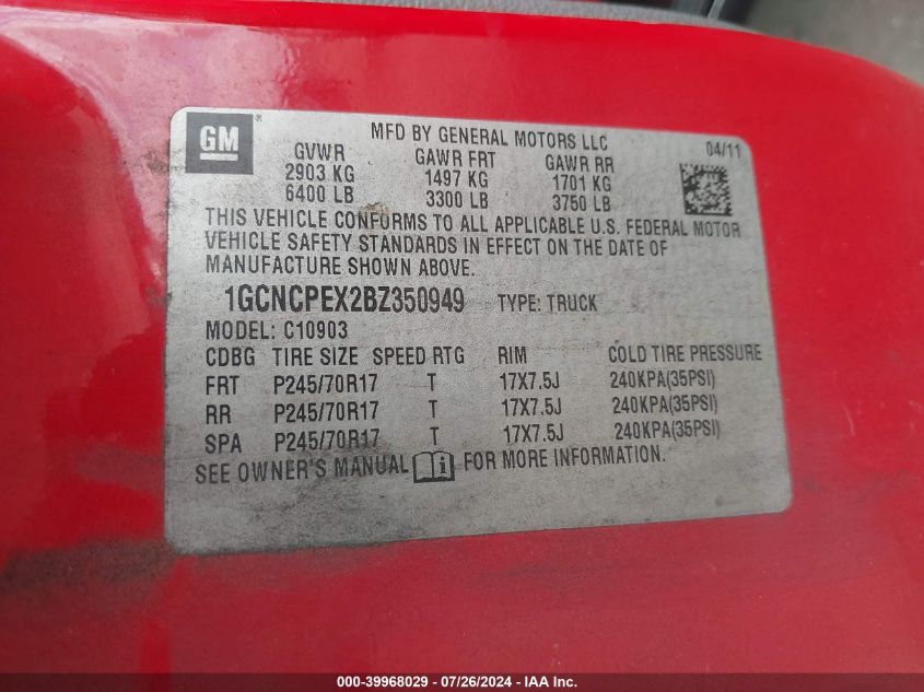 2011 Chevrolet Silverado 1500 Work Truck VIN: 1GCNCPEX2BZ350949 Lot: 39968029