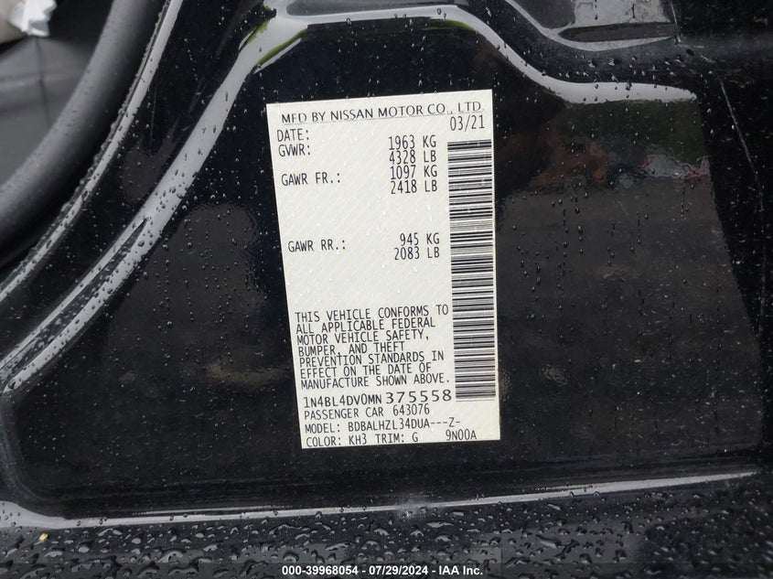 2021 Nissan Altima Sv Fwd VIN: 1N4BL4DV0MN375558 Lot: 39968054