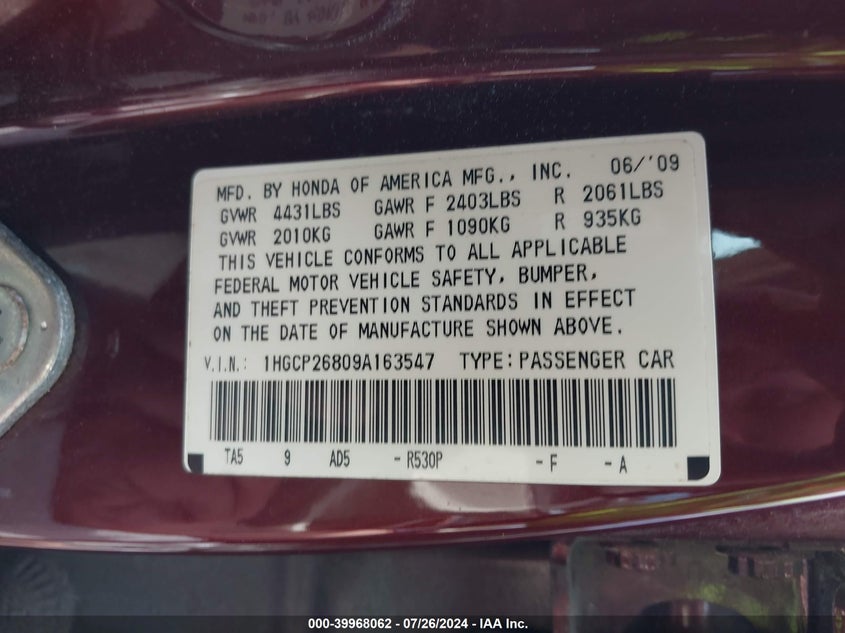 2009 Honda Accord Exl VIN: 1HGCP26809A163547 Lot: 39968062