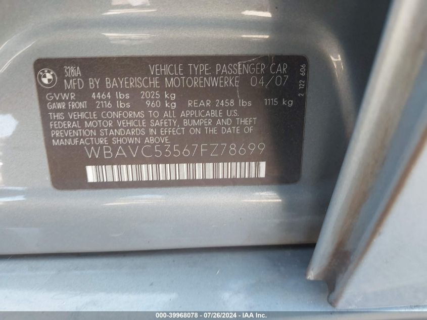 2007 BMW 328I VIN: WBAVC53567FZ78699 Lot: 39968078