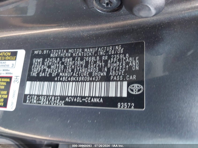 2009 Toyota Camry Se/Le/Xle VIN: 4T4BE46KX9R094437 Lot: 39968093