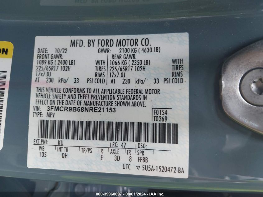 2022 Ford Bronco Sport Big Bend VIN: 3FMCR9B68NRE21153 Lot: 39968097