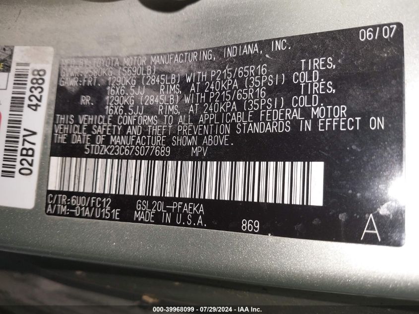 5TDZK23C672077689 2007 Toyota Sienna Ce/Le