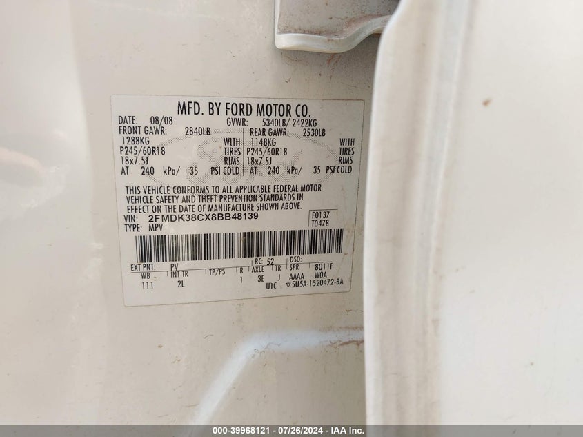 2008 Ford Edge Sel VIN: 2FMDK38CX8BB48139 Lot: 39968121