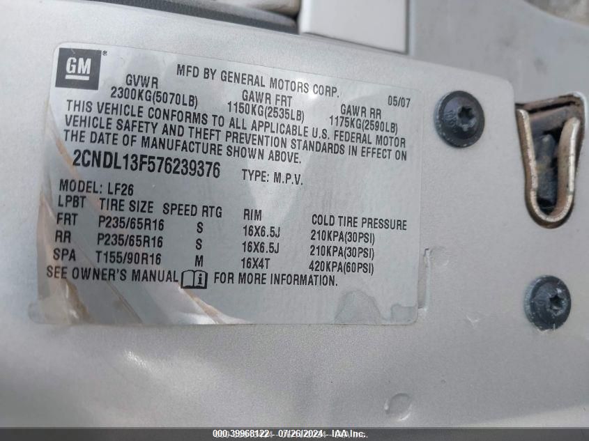 2007 Chevrolet Equinox Ls VIN: 2CNDL13F576239376 Lot: 39968122