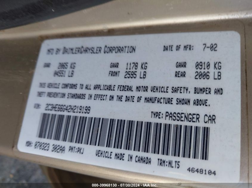 2002 Chrysler 300M VIN: 2C3HE66G42H219199 Lot: 39968130