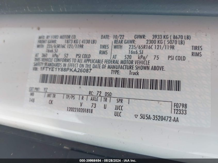 2023 Ford Transit-150 VIN: 1FTYE1Y88PKA26087 Lot: 39968154