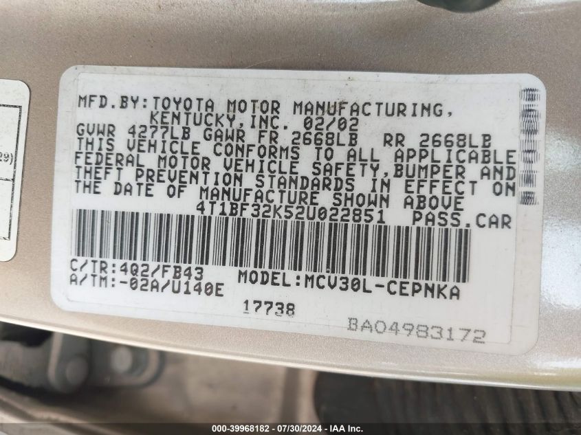 4T1BF32K52U022851 | 2002 TOYOTA CAMRY