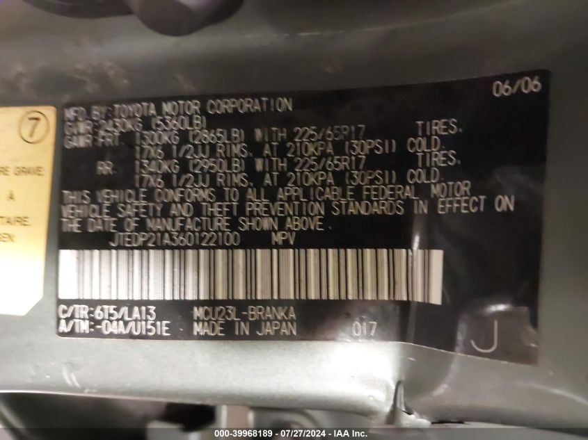 2006 Toyota Highlander Limited V6 VIN: JTEDP21A360122100 Lot: 39968189