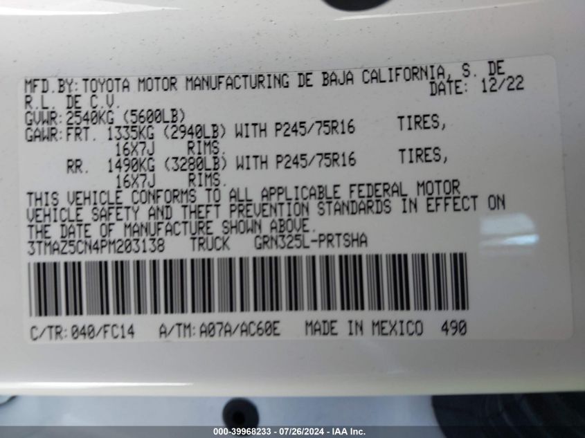 2023 Toyota Tacoma Sr5 V6 VIN: 3TMAZ5CN4PM203138 Lot: 39968233