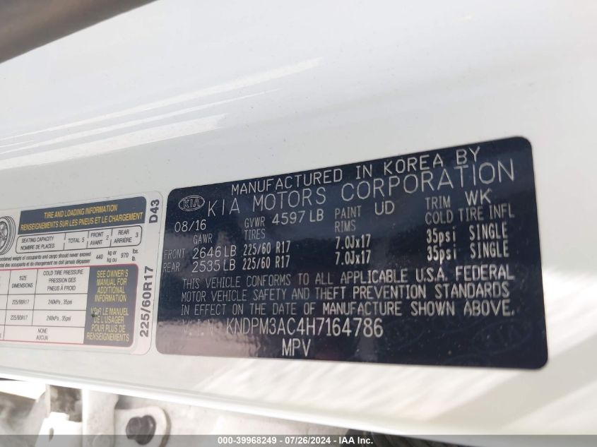 2017 Kia Sportage Lx VIN: KNDPM3AC4H7164786 Lot: 39968249