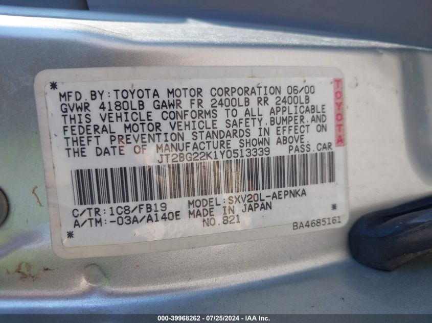 2000 Toyota Camry Le VIN: JT2BG22K1Y0513339 Lot: 39968262