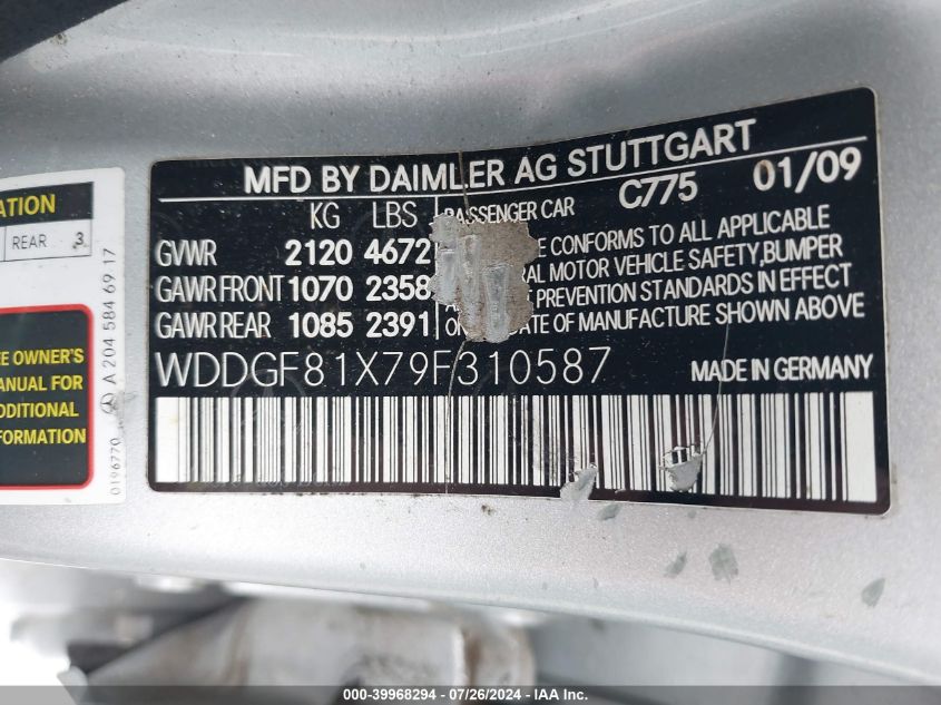 2009 Mercedes-Benz C 300 Luxury 4Matic/Sport 4Matic VIN: WDDGF81X79F310587 Lot: 39968294