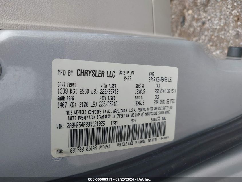 2008 Chrysler Town & Country Touring VIN: 2A8HR54P88R121026 Lot: 39968313