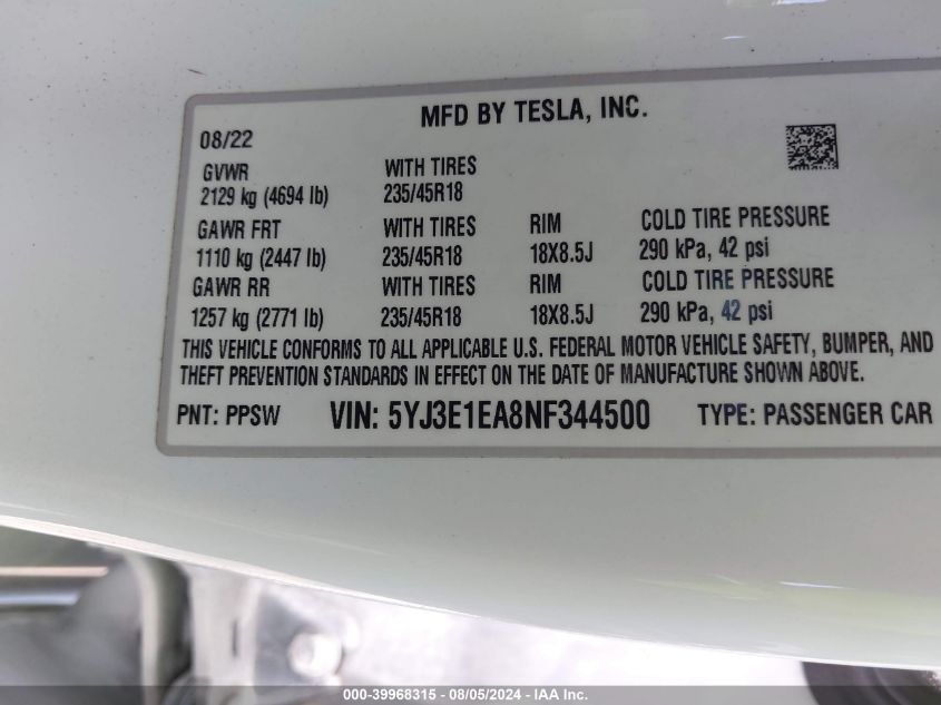 5YJ3E1EA8NF344500 2022 Tesla Model 3