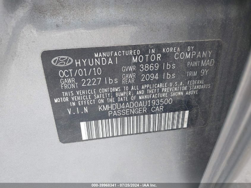 KMHDU4AD0AU193500 | 2010 HYUNDAI ELANTRA