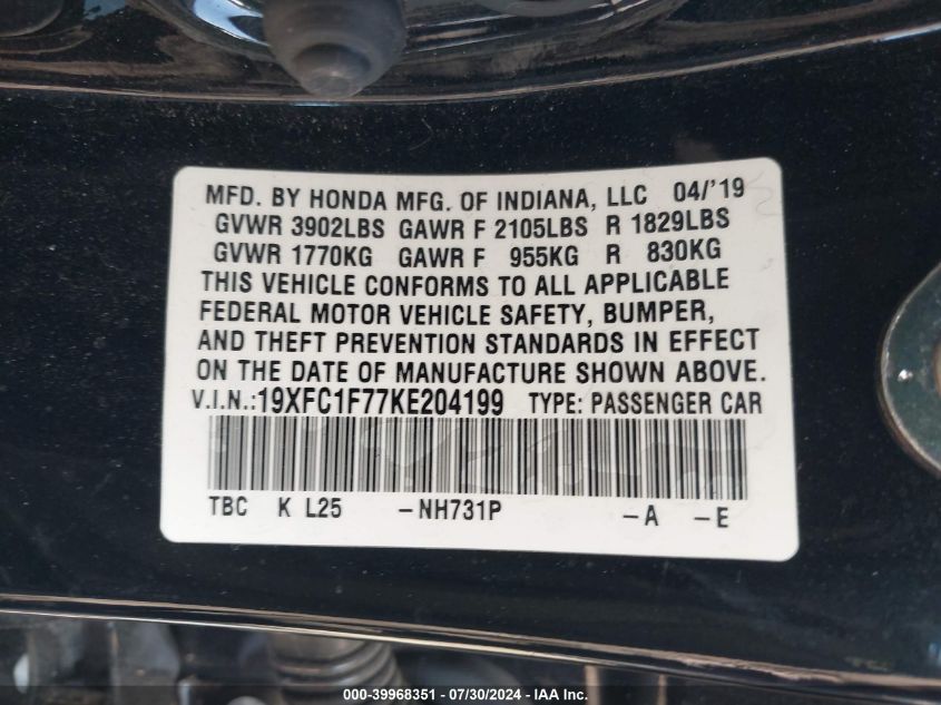 19XFC1F77KE204199 2019 Honda Civic Ex-L