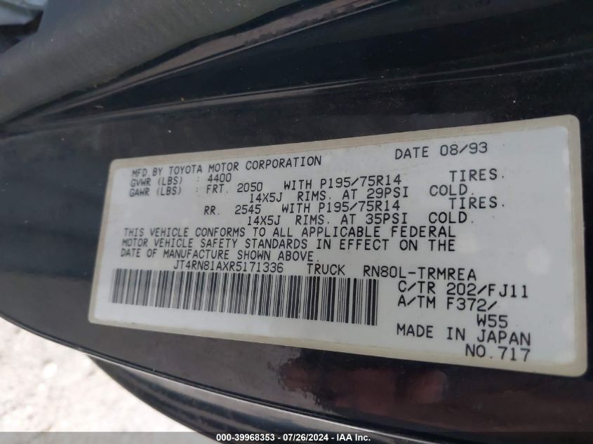 1994 Toyota Pickup 1/2 Ton Short Wheelbase VIN: JT4RN81AXR5171336 Lot: 39968353