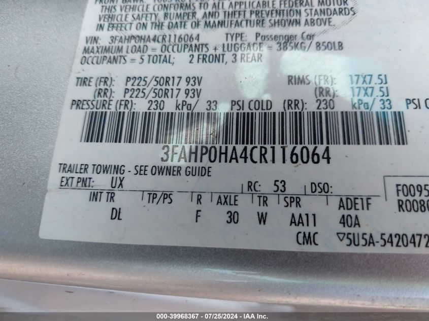 2012 Ford Fusion Se VIN: 3FAHP0HA4CR116064 Lot: 39968367