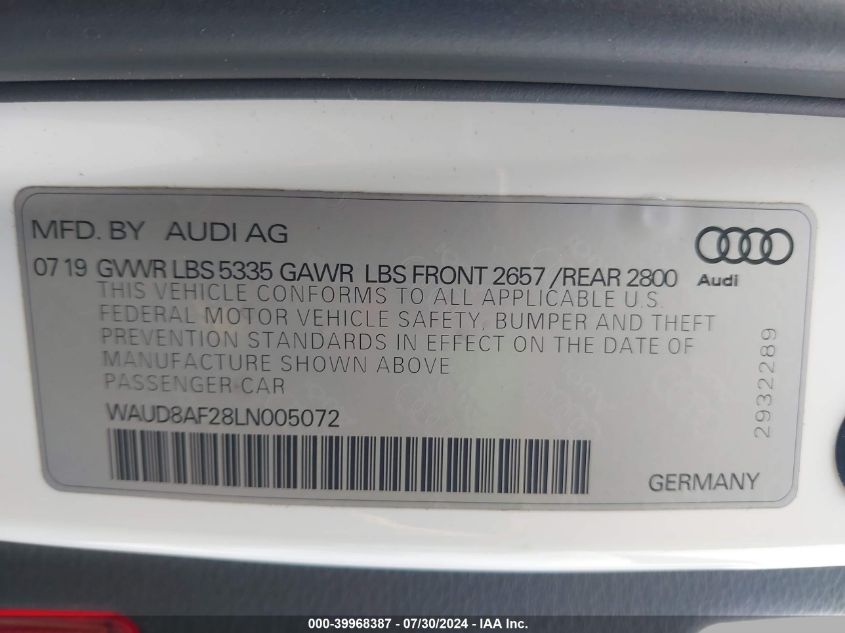 2020 Audi A6 Premium VIN: WAUD8AF28LN005072 Lot: 39968387