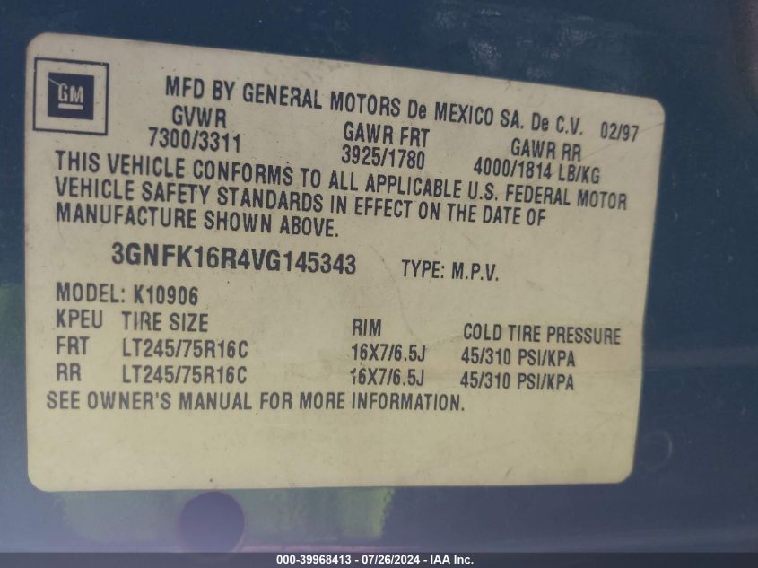 1997 Chevrolet Suburban 1500 VIN: 3GNFK16R4VG145343 Lot: 39968413
