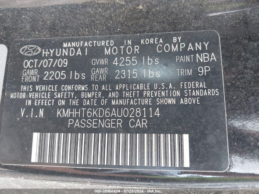 2010 Hyundai Genesis 2.0T VIN: KMHHT6KD6AU028114 Lot: 39968424