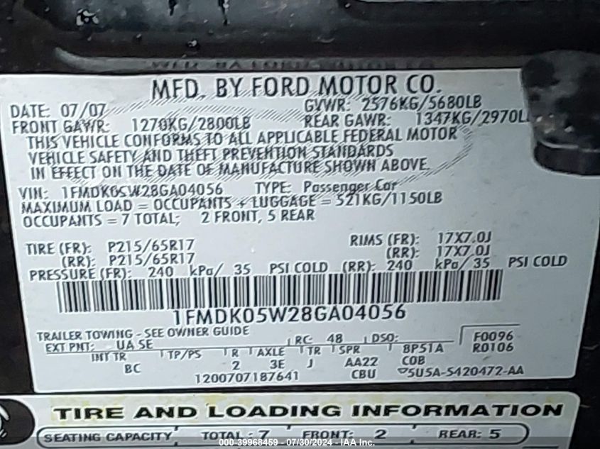 1FMDK05W28GA04056 2008 Ford Taurus X Sel