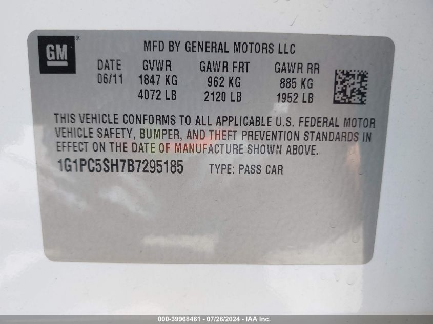 2011 Chevrolet Cruze Ls VIN: 1G1PC5SH7B7295185 Lot: 39968461