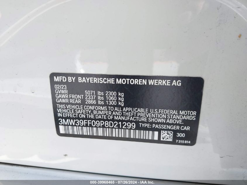 2023 BMW 3 Series 330E VIN: 3MW39FF09P8D21299 Lot: 39968465