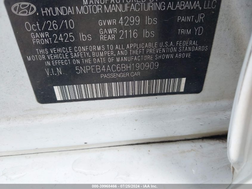 2011 Hyundai Sonata Gls VIN: 5NPEB4AC6BH190909 Lot: 39968466