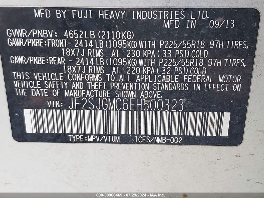 2014 Subaru Forester 2.0Xt Touring VIN: JF2SJGMC6EH500323 Lot: 39968469