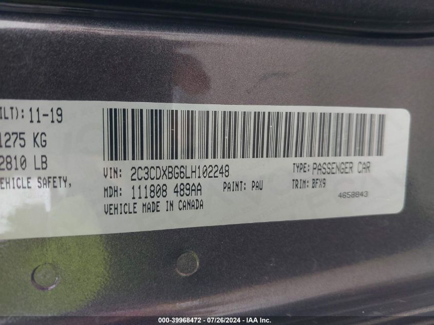 2020 DODGE CHARGER SXT RWD - 2C3CDXBG6LH102248