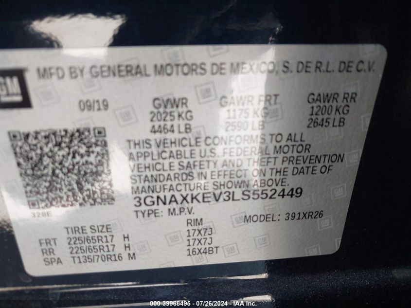 2020 Chevrolet Equinox Fwd Lt 1.5L Turbo VIN: 3GNAXKEV3LS552449 Lot: 39968495