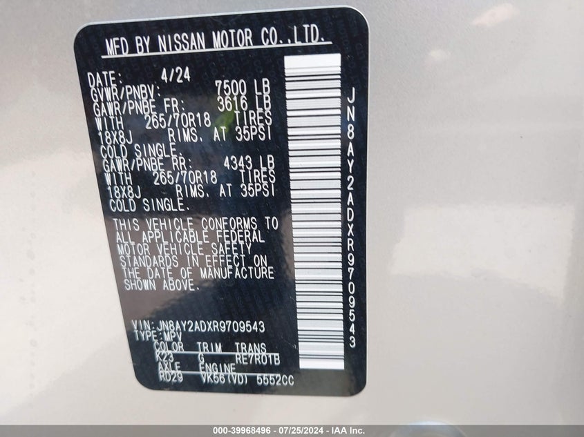 2024 Nissan Armada Sv 4Wd VIN: JN8AY2ADXR9709543 Lot: 39968496