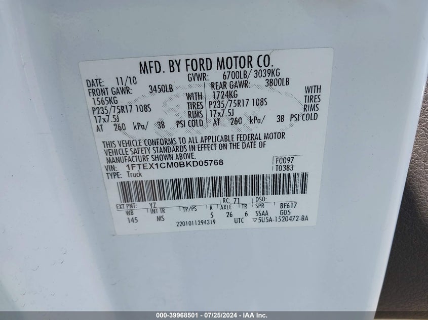 2011 Ford F-150 Xlt VIN: 1FTEX1CM0BKD05768 Lot: 39968501