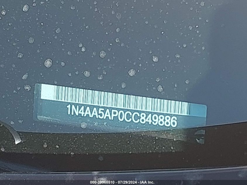 2012 Nissan Maxima S/Sv VIN: 1N4AA5AP0CC849886 Lot: 39968510