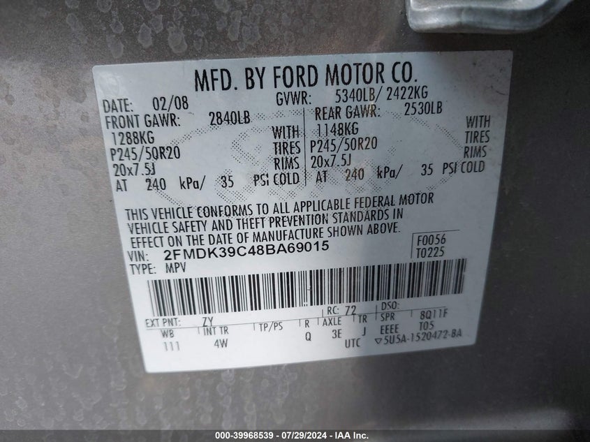 2008 Ford Edge Limited VIN: 2FMDK39C48BA69015 Lot: 39968539