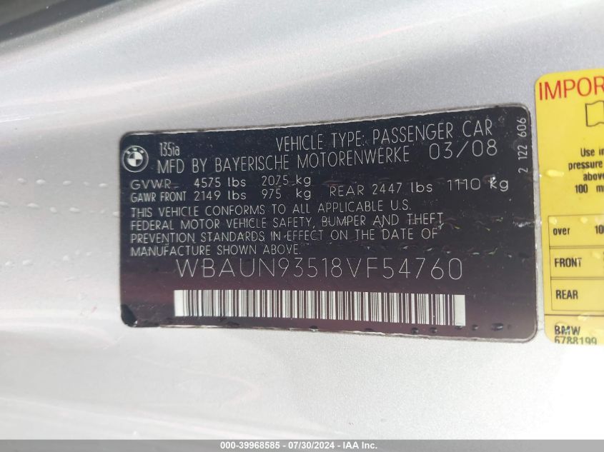 WBAUN93518VF54760 2008 BMW 135I