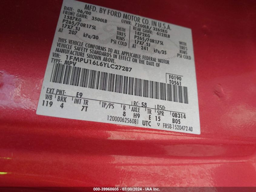 2000 Ford Expedition Xlt VIN: 1FMPU16L6YLC27287 Lot: 39968605