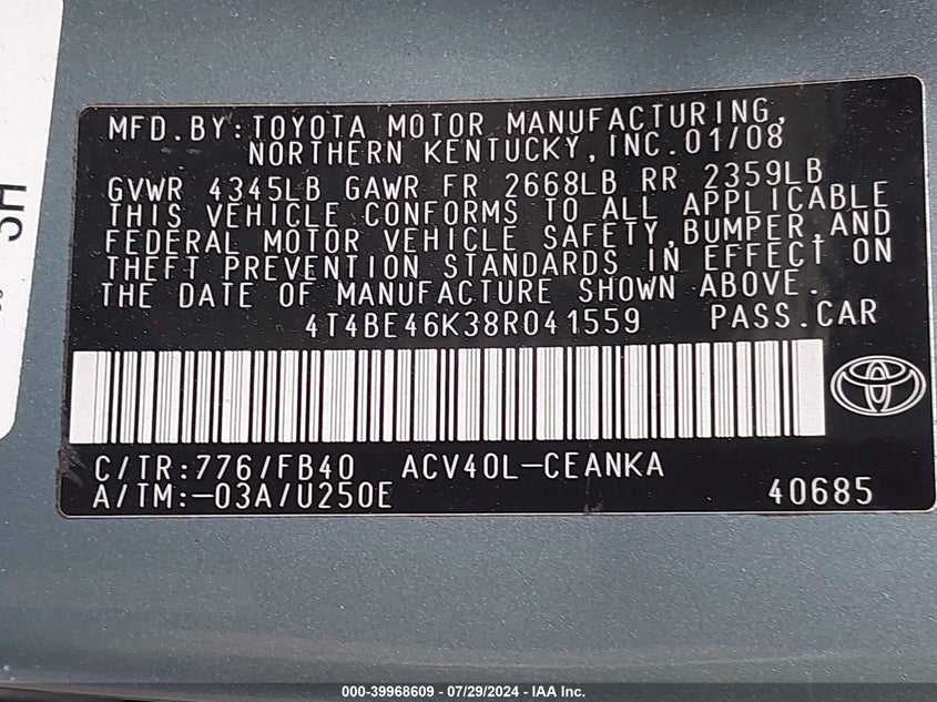 2008 Toyota Camry Le VIN: 4T4BE46K38R041559 Lot: 39968609