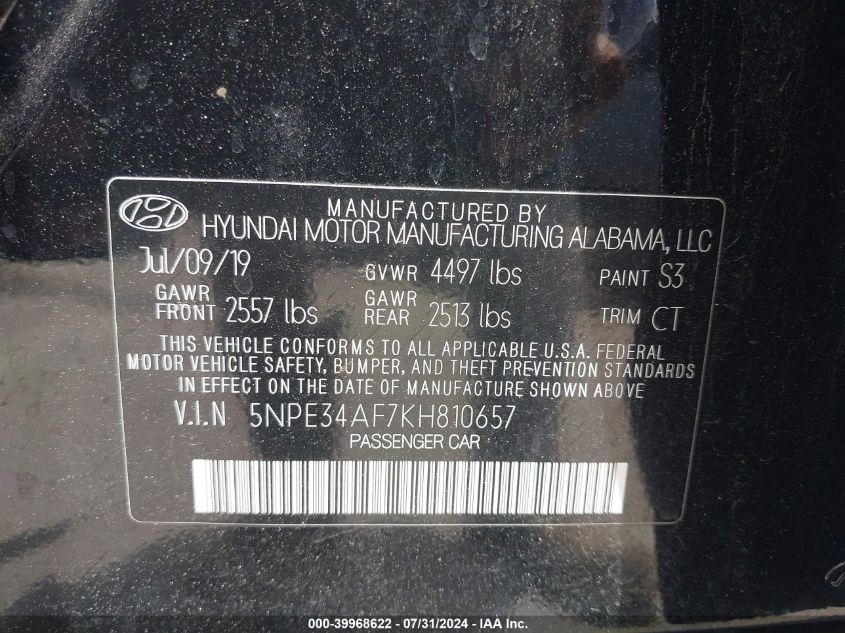 2019 Hyundai Sonata Sel VIN: 5NPE34AF7KH810657 Lot: 39968622