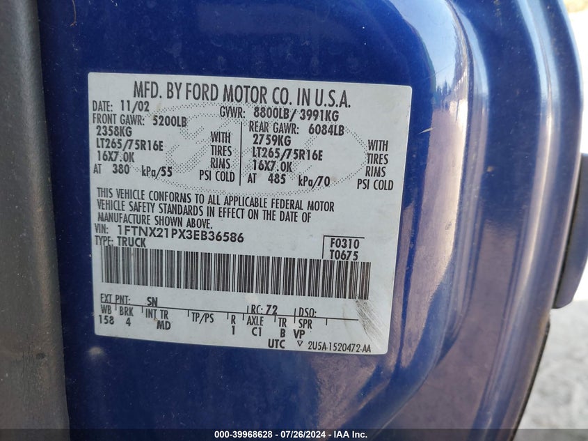 2003 Ford F250 Super Duty VIN: 1FTNX21PX3EB36586 Lot: 39968628