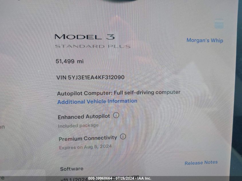 2019 Tesla Model 3 Long Range/Mid Range/Standard Range/Standard Range Plus VIN: 5YJ3E1EA4KF312090 Lot: 39968664